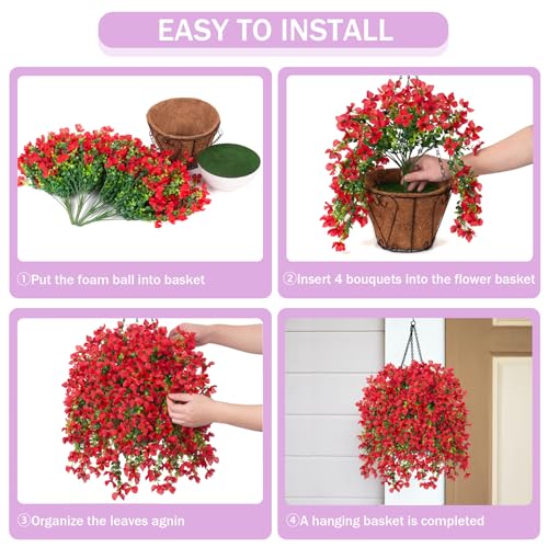 INXUGAO Artificial Hanging Flowers Plants with Basket for Outdoors, Realistic Faux Silk Daisy Flower Eucalyptus for Spring Decor, UV Resistant Fake Plants for Porch Patio Yard Balcony, Red - color: A-red