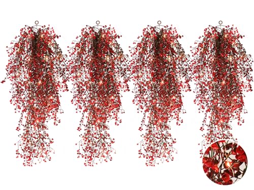 RECUTMS Artificial Hanging Fern Lighted with 30 LED Fake Hanging Ivy Vines Plastic Faux Greenery Plants for Home Wall Bedroom Garden Wedding Outside Decor Pack of 4 (Red) - color: Red-light