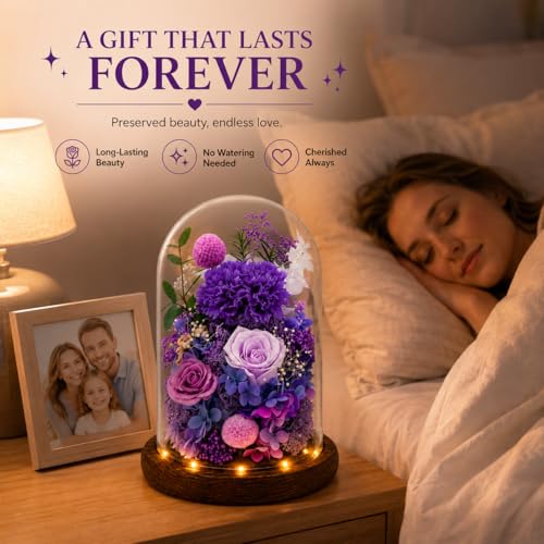 Preserved Flowers in Glass, Preserved Rose with 1 Royal Purple Carnation & 2 Roses, Eternal Flower Gift for Grandma Wife, Forever Flowers for Anniversary Birthday Lasts 3-5 Years - color: Purple