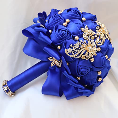 WIFELAI-A Golden Rhinestone Brooch Wedding Flowers Bridal Bouquets Crystal Bride Holding Bouquet White Ivory Satin Roses with Diamond - color: Royal Blue
