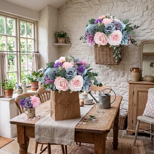 Suncalla 98 Pcs Artificial Flowers Bouquet Assorted Faux Flowers Heads with Stem Eucalyptus Leaves Silk Floral Table Centerpiece for DIY Wedding Party Wreath Home Decor(Blue, Purple, Pink Color) - color: Blue, Purple, Pink Color