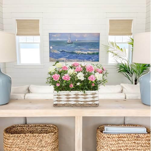 Artificial Rose Flowers with Woven Basket, Faux Roses in Fake Rattan Planter for Table Centerpiece, Romantic Floral Arrangement for Home Bedroom Spring Wedding Sweet Decor, Cream White & Soft Pink - color: Cream White & Soft Pink