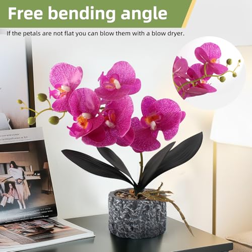 Lifelike Artificial Orchid Faux Plant Fake Flower Phalaenopsis with Cement Vase Table Centerpieces Home Bathroom Hotel Office Decoration (Purple Tall 15") - color: Purple