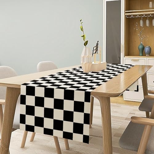 Black Checkered Table Runner Vintage Geometric Black White Plaid Runner Racing Car Theme Dinner Runner for Country Farmhouse Kitchen Birthday Party Holiday 36X13inch - color: Checkered-1, size: L36"x W13"