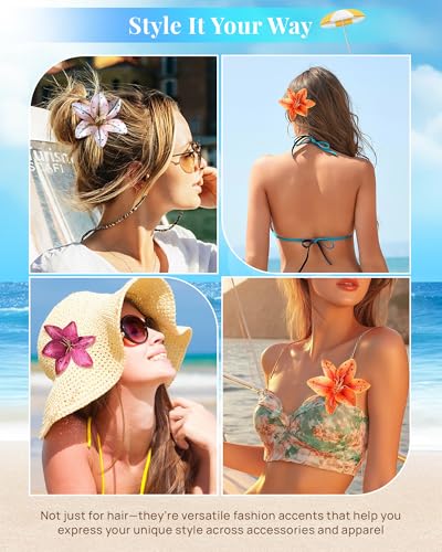 Mesovor 3 Pack Hawaiian Flower Hair Clips, Artificial Tropical Flower Orchid Hair Pin | Rhinestone Hairpins Hair Accessories for Wedding Bridal Beach Party (Orange Lily) - color: Orange Lily