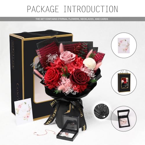 Casaido Preserved Flowers for Delivery, Mothers Day Red Flower Bouquets with Necklace, Forever Real Roses Anniversary Birthday Valentines Day Christmas Rose Gifts for Women Mom Wife Girlfriend - color: Red