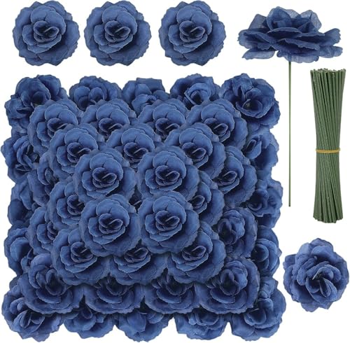 LELEE 108 Pcs Artificial Flowers Fake Silk Roses Long Stem Rose Bouquet Wedding Party Home Decor for DIY Baby Shower Centerpieces Tables Home Decorations(Navy Blue) - color: Navy Blue