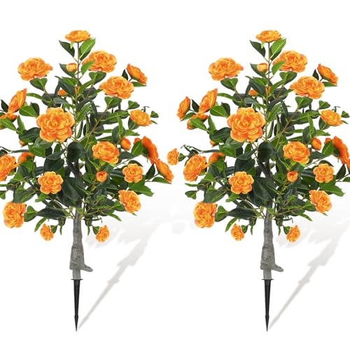 Lunmon 2 Pack 3ft Artificial Camellia Plants Tree 36" Faux Camellia Flower with Spike UV Resistant Realistic Fake Floral Blooming Bush for Indoor Outdoor Front Door Porch Backyard Garden, Orange - color: Orange, size: 3 ft