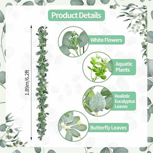 6.2ft Artificial Eucalyptus Garland with Butterfly Leaves and White Flowers – Full Faux Greenery Vine for Wedding Arch, Fireplace Mantel, Table Centerpiece, Party and Home Decor - color: Green