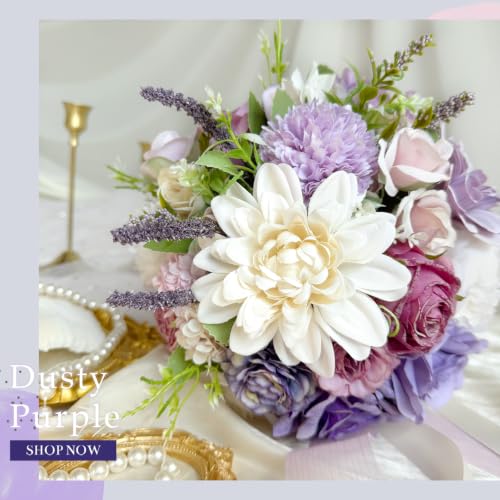 9 Inch Dusty Purple Wedding Bouquets for Bride Bridesmaid, Artificial Fake Lavender Purple Lilac Flowers Bridal Bouquet Spring Fall Boho Vintage Rustic Wedding Decoration Toss Bouquet Prom Anniversary - color: Lavender Purple Lilac