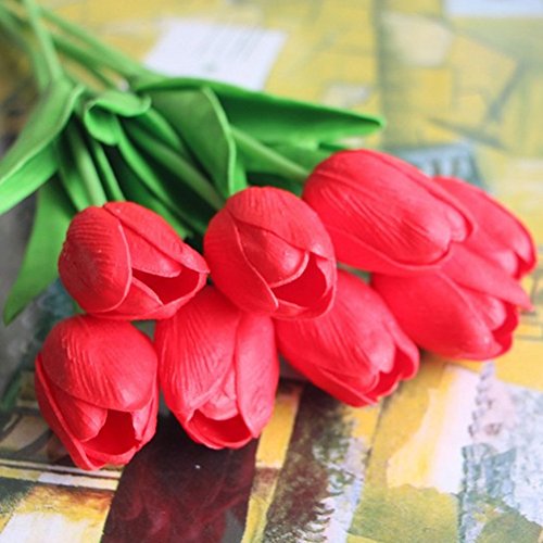 Artificial Tulips 10Pcs Real Touch Fake Tulips PU Flower Arrangement Bouquets for Home Party Decoration (Red) - color: Red