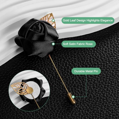 M METERXITY 1-Pack Flower Lapel Pins for Men, Golden Leaf Rose Boutonnieres Pin Groom Boutonnieres for Wedding/Dance/Party, Men Lapel Pins for Suits Satin Flower Corsage [Black] - color: Black