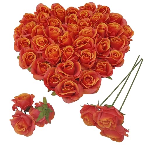 Artificial Satin Sunset Red Rose Flower Heads,42 Pcs Orange Red Silk Rose Heads with Stems,3.5'' Rose Artificial Flowers Bulk,Artificial Rose Flower Heads for DIY Crafts Bouquet (42, Sunset red) - color: Sunset