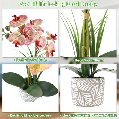 Orchid Artificial Flowers 16" Purple Red Fake Orchid Flowers in White Ceramic Pot Faux Orchid Plant for Home Decor Office Bathroom Table Centerpiece Indoor(Purple-Red Dapple) - color: Purple Dapple-white Patterned