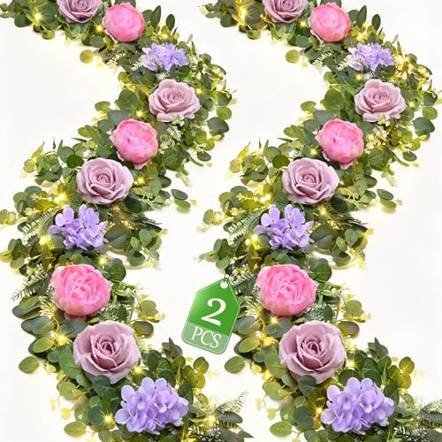 Livole 2Pcs 12 FT Artificial Flower Garland with Lights Pink Fake Roses Peony Floral Garland with Eucalyptus Flower Hanging Vine for Wedding Arch Table Centerpieces Backdrop Party Home Decor - color: Pink With Light, size: 2 Pcs