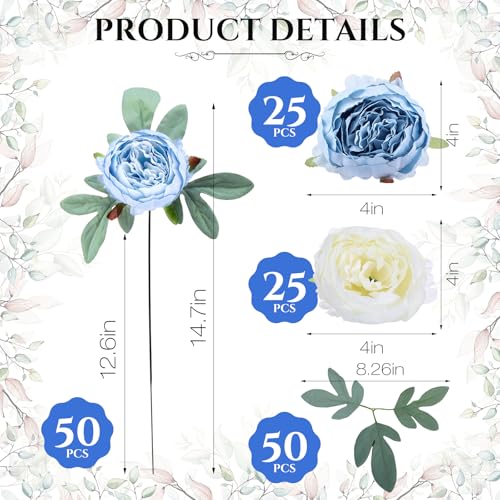 Zeyune 50pcs Artificial Peonies Flowers 4'' Fake Peonies DIY Craft Silk Flower Bulk for Home Wedding Bridal Bouquet Birthday Dining Room Table Centerpieces Backdrop Party Decor(Blue and White) - color: Blue and White