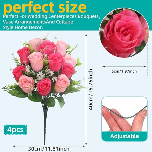Artificial Rose Bouquets Fake Roses Flowers Set of 4 Realistic Silk Flowers for Cemetery Headstone Home Wedding Decoration UV Resistant No-Fading(Pink) - color: Pink