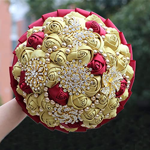 Burgundy and Gold Bridal Wedding Bouquet Luxury Gold Rhinestone Brooch Bouquet for Bride Bridesmaid Quinceanera Artificial Satin Rose Flower Bouquet Wedding 8.3in - color: Burgundy & Gold, size: Diameter: 8.3 inches