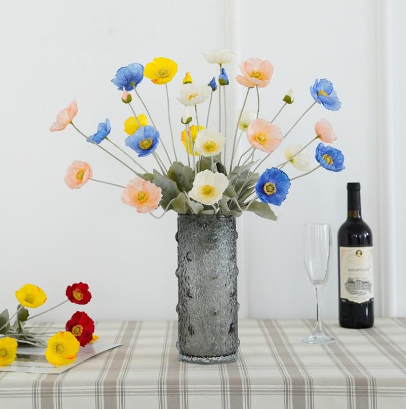 3Pieces Blue Poppies Flowers Artificial,23"Ranunculus Artificial Flowers,Silk Flowers with Stems,Faux Flower Stems for Wedding,Party,Garden Outdoor Indoor Decor Flower Arrangements for Table (Blue) - color: Blue