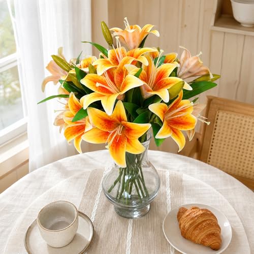 ATFL Artificial Lilies Flowers,9 Pcs Faux Lily Flowers,16''Tiger Lily Branches with 2 Full Blooms and 1 Bud,Faux Fake Lilies Plants for Wedding Bouquet Floral Arrangements (9, deep Orange) - color: Deep Orange