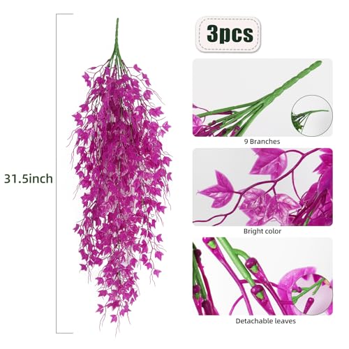 RECUTMS Fake Hanging Plants Artificial Ivy Leaf Faux Vine Plants Outdoor Artificial Hanging Plants Fake Plant Wall Decor Indoor UV Resistant Plants Home Room Decoration(Pure Fuchsia) - color: Pure Fuchsia, size: Hanging Ivy
