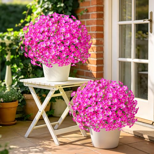 MARTINE MALL 12 Bundles Look Real Artificial Flowers for Outdoors, Realistic Fake Outdoor Flowers, UV Resistant Silk Petunia Flowers for Outside Faux Flowers for Outdoor Garden, Rose Red - color: Mixed Rose Red, size: 12 Bundles
