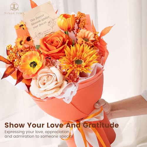 TINGE TIME Preserved Flowers Bouquet, Sunflower and Rose Bouquets, Orange Artificial Flowers Bouquet for Table Centerpiece Mothers Day Gifts Birthday Gifts Wedding Anniversary Housewarming - color: Brunt Orange