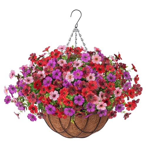 INXUGAO Artificial Silk Flowers Hanging Baskets Outdoors Indoors, Fake Daisy with Eucalyptus Leaves Arrangement for Garden Yard Spring Summer Decor Faux Green Plant(Red Brown Purple Pink) - color: Red Brown & Purple & Pink