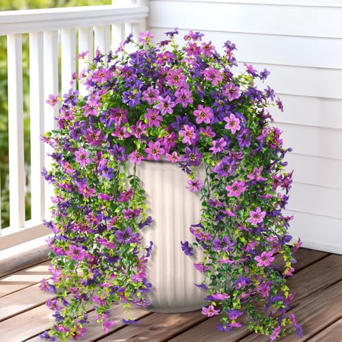 Artificial Hanging Flowers for Outdoors, 2 Pcs Fake Hanging Plant Spring Summer Decor, UV Resistant No Fade Realistic Faux Flower for Front Door Porch Planter Patio Garden Yard(Double Purple) - color: Double Purple