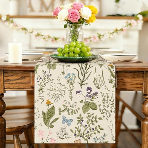 Artscope Wildflowers Floral Spring Table Runner, Summer Flowers Plants Butterfly Holiday Kitchen Dining Table Decoration for Spring Home Decor 13x120 Inch - size: 13" x 120"