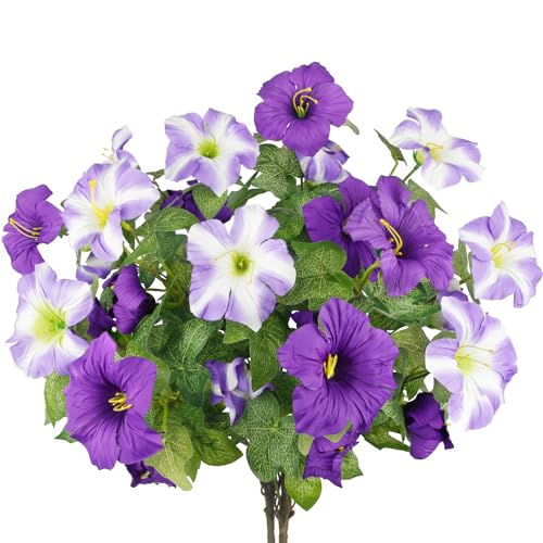 2 Pcs Artificial Flowers for Outdoors Fake Plants Outside Spring Summer Decoration Realistic Silk Morning Glory UV Resistant Faux Flowers for Planter Patio Yard Garden Porch Purple/Light Purple - color: Purple, Light Purple