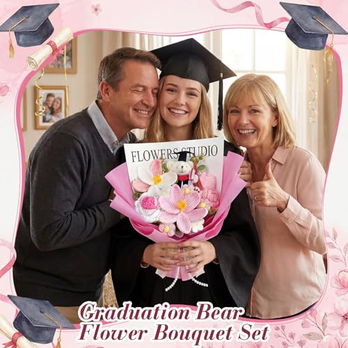 Giegxin Graduation Crochet Flowers Bouquet Set 2026 Grad Cap Plush Bear Hand Knitted Tulip Daisy Sunflower Rose Bouquet Greeting Card Gift Bag for Wedding Birthday Party Favors (Pink) - color: Pink