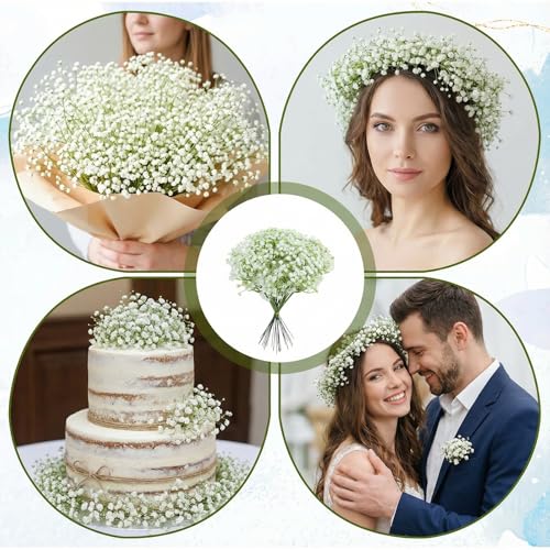 Grevosea 120 Pcs Baby Breath Artificial Flowers - White Green Gypsophila Babies Breath Flowers Artificial Bulk Faux Flower Bouquet Flores Greenery Real Touch Arrangements Wedding Tables Decorations