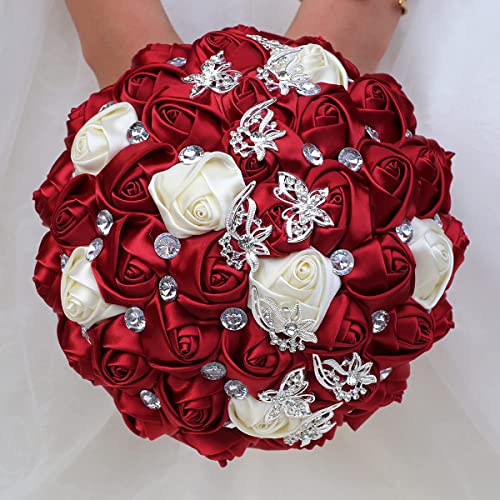 1Bucnh Big Size (8.26") Handmade Diamond Wedding Bouquet for Bridal with Rhinestones Silk Ribbon use in Church Marroon Marriage Boquets (Big Dark Red & Less Ivory) - color: Dark Red With Ivory