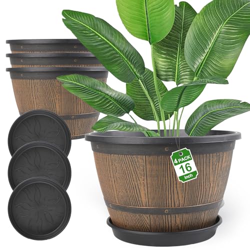 16-inch-Plant-Pots-Indoor-Outdoor, 4 Pack Large Whiskey Barrel Planters with Drainage Holes & Saucer, Plastic Flower Pots Imitation Wine Barrel Design, Decorative Garden Pots for Plants - color: Whiskey, size: 16-inch
