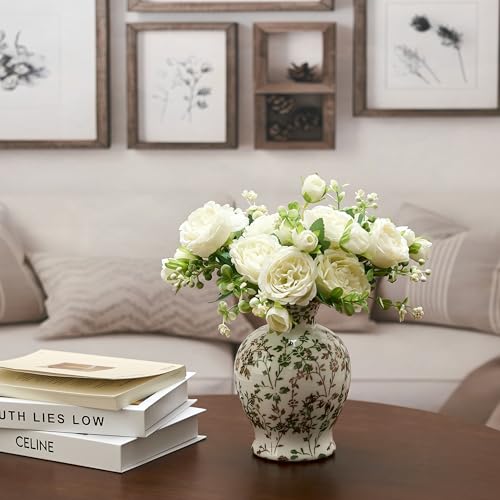 6.73" Ceramic Flower Decorative Antique Vase, Vintage Rustic Chinoiserie Floral Vase for Home Decor, Living Room, Bookshelf, Office, Entryway, Garden, Tuscan Decor, Chinoiserie Decor - color: Green and Beige- 6.73"