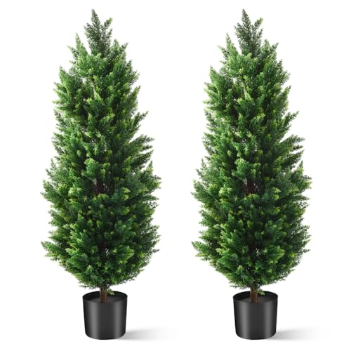 4FT Artificial Topiary Cedar Trees 2 Set, Fake Trees Outdoor Indoor UV Resistant Faux Bushes Artificial Shrubs for Garden Home Front Door Office Decor