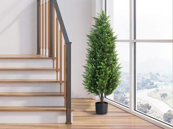 4FT Tall Artificial Cedar Topiary Trees Set of 2, Artificial UV Resistant Potted Plants, Faux Bushes Fake Shrubs for Outdoor Indoor Home Entryway Front Porch Garden Patio Offices Living Room Decor