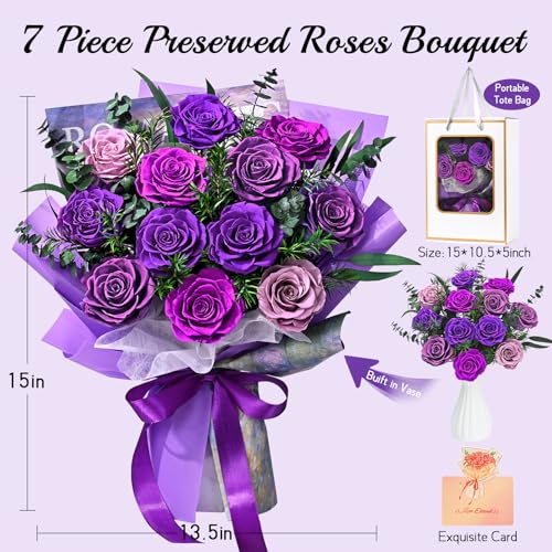 Flower Bouquet 12-Piece Preserved Roses Purple - color: Purple-12, size: 12 Roses