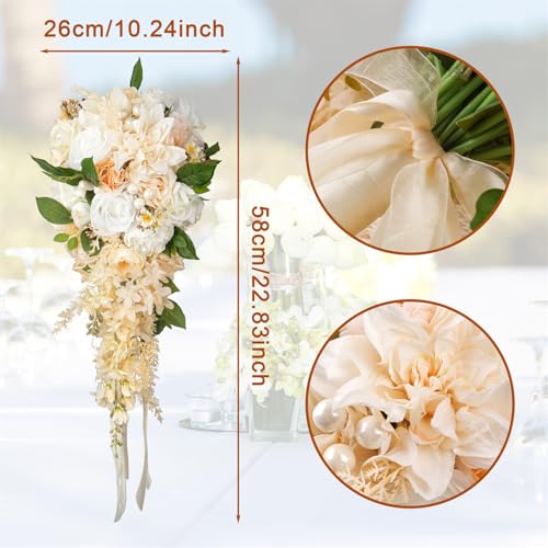 10 Inch Champagne Dahlia White Rose Cascading Bouquets for Bride Pearl Fall Wedding Bridal Bouquet Artificial Silk Flower Boho Rustic Vintage Ceremony Anniversary Decor Toss Bouquet - color: Champagne,pearl