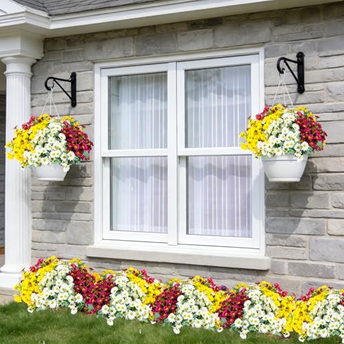12 Bundles Artificial Daisies Flowers Outdoor Fake Plants Fake Foliage Greenery Faux Plants for Graves Hanging Outside Planter Window Box Wedding Decoration - color: White ,Yellow , Rose Red