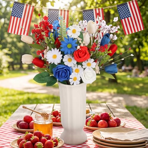 4th of July Artificial Flower Bouquet, 11 Stems Red White and Blue Faux Flowers with Roses Tulips and Baby's Breath, Patriotic Table Centerpiece for Home Vase Decor