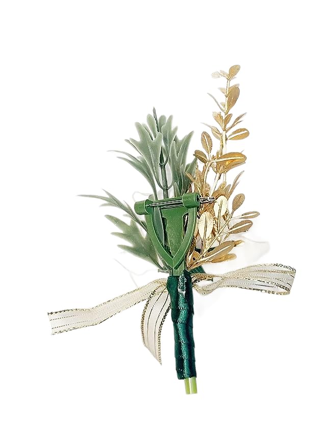 Ivory Rose Wrist Corsage Wristlet Band Bracelet and Men Boutonniere Set with Dark Green Ribbin for White Wedding Flower Accessories Prom Suit Decorations
