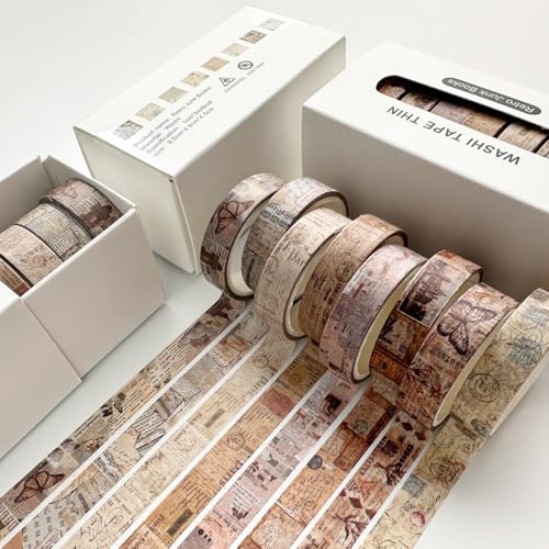 Vintage Washi Tape Set 8 Rolls Thin Retro Decorative Antique Patterns Masking Tapes for Arts, DIY Crafts, Journals, Planners, Scrapbook, Wrapping (Junk Books) - color: Junk Books