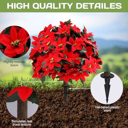 Artificial Poinsettia Topiary Ball Tree 27" with Ground Spike, Set of 2 Artificial Boxwood Bushes for Faux Shrubs, Fake Evergreen Faux Plant for Indoor Outdoor Porch Garden- UV Resistant – Fade-Proof - color: Poinsettia