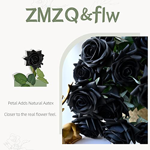 ZMZQ&flw Black Roses Artificial Flowers 12PCS, Real Touch Silk Flowers, Realistic Single Fake Flower with Individual Stems Leaves - color: Black 12pcs