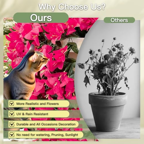 Artificial Flowers for Outdoors Fake Hot Pink Bougainvillea Hanging Flower Decoration, 2Pcs Realistic Faux Silk Plants Long Trailing Vines, Spring Decor for Porch Patio Balcony Planter Yard - color: Bougainvillea - Hotpink