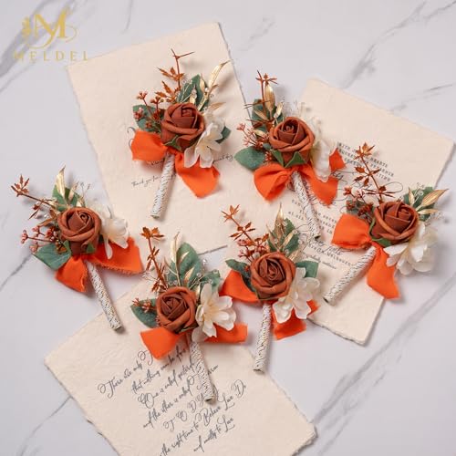 Burnt Orange Terracotta Faux Foam Rose Boutonnieres for Men 6Pcs | Artificial Foam Rose Boutonnieres for Wedding Prom Groom Groomsmen Party Suit Decoration Homecoming Graduation - color: Orange Boutonniere