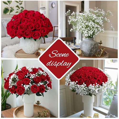HyeFlora 35 PCS Artificial Red Roses with 15 PCS Fake Baby Breath Realistic Fake Flowers Bouquet with Long Stem for DIY Wedding Party Home Decoration Vase Tables Centerpieces Arrangements Gift for Her - color: 35 Pcs Red Roses With 15 Pcs Baby Breath