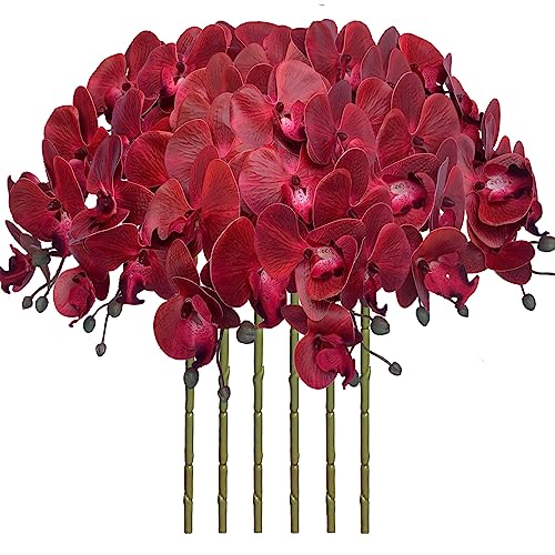 FagusHome 32 Inch Artificial Phalaenopsis Flowers 6 Pcs Artificial Orchid Flowers Stem Plants for Home Décor (Red) - color: Red